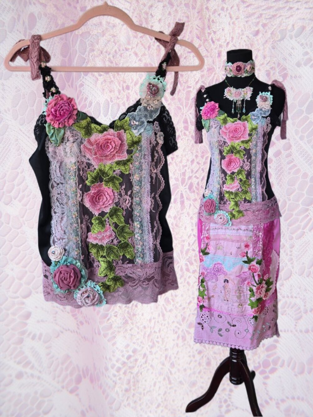 Handmade Black and Pink Rose Embroidery Lace Baby Doll Cami Top